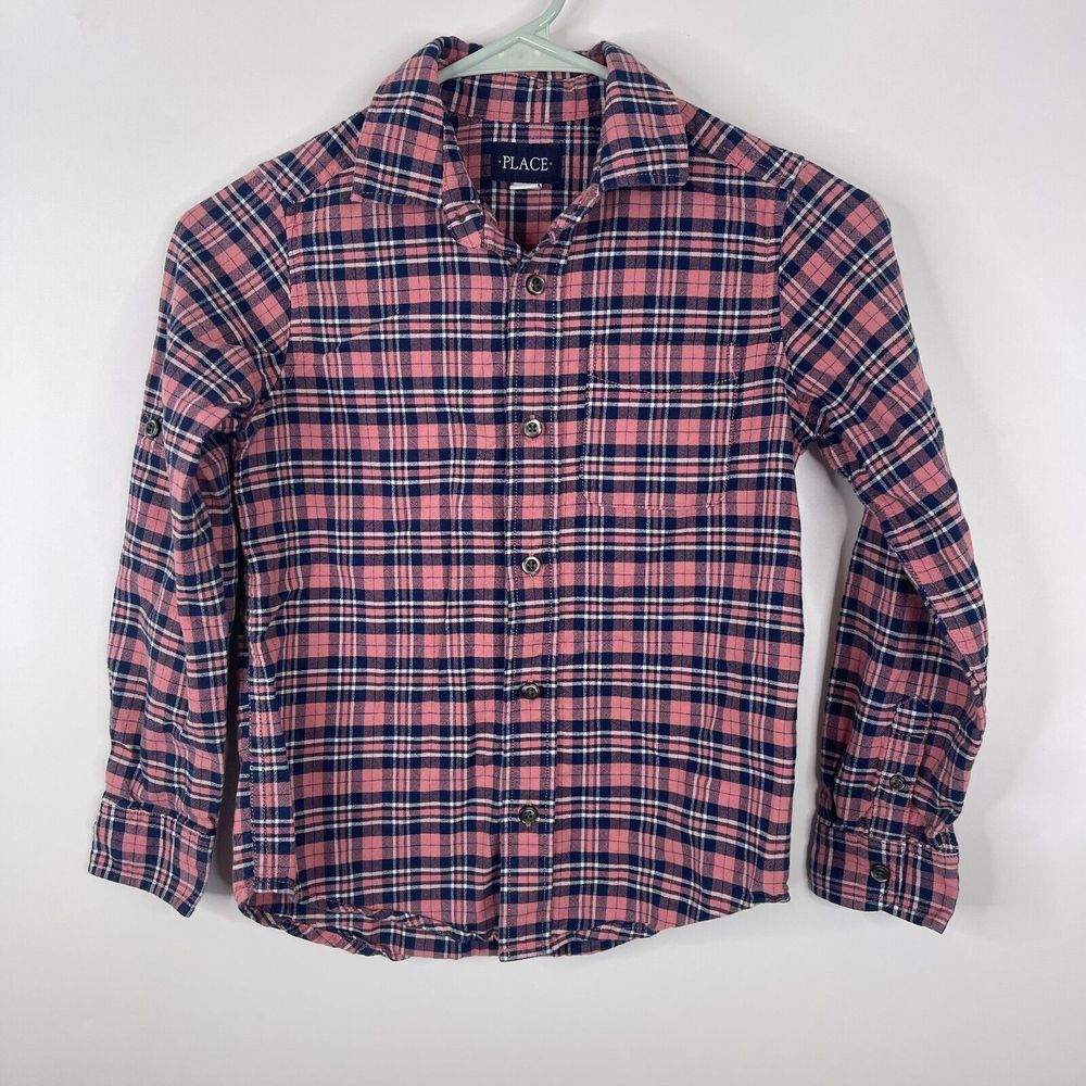 Children's Place Boys Collared Shirt Size 7.8 Plaid Check Long Sleeve Pink